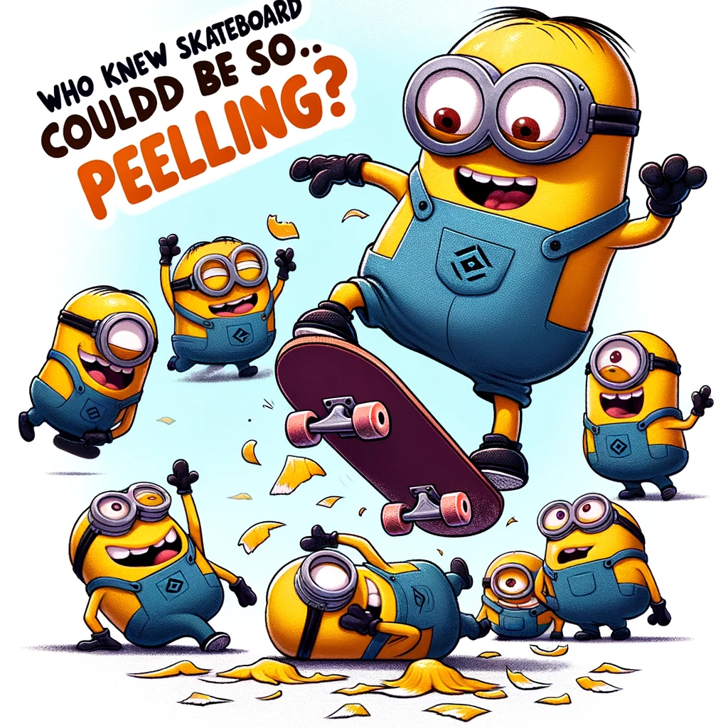 A cartoon image of a minion trying to skateboard and falling off, with other minions laughing in the background, with the caption, 'Who knew skateboarding could be so... peeling?'