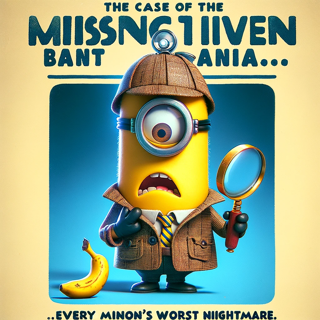 A cartoon image of a minion in a detective outfit, magnifying glass in hand, looking at a banana clue, with the caption, 'The case of the missing banana... every minion's worst nightmare.'