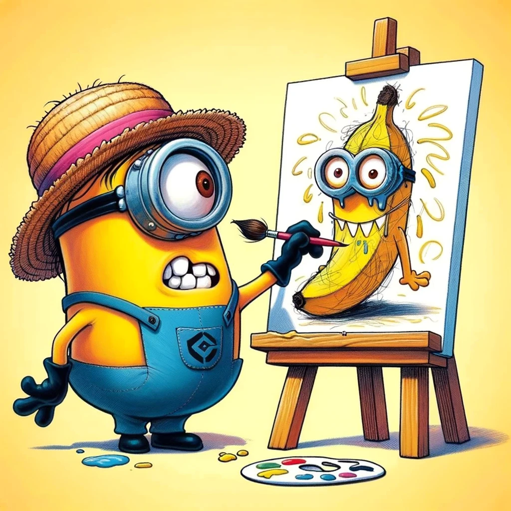 A cartoon image of a minion trying to paint a masterpiece, but the painting is just a messy scribble of a banana, with the caption, 'When you're an artist at heart but bananas are your only muse.'