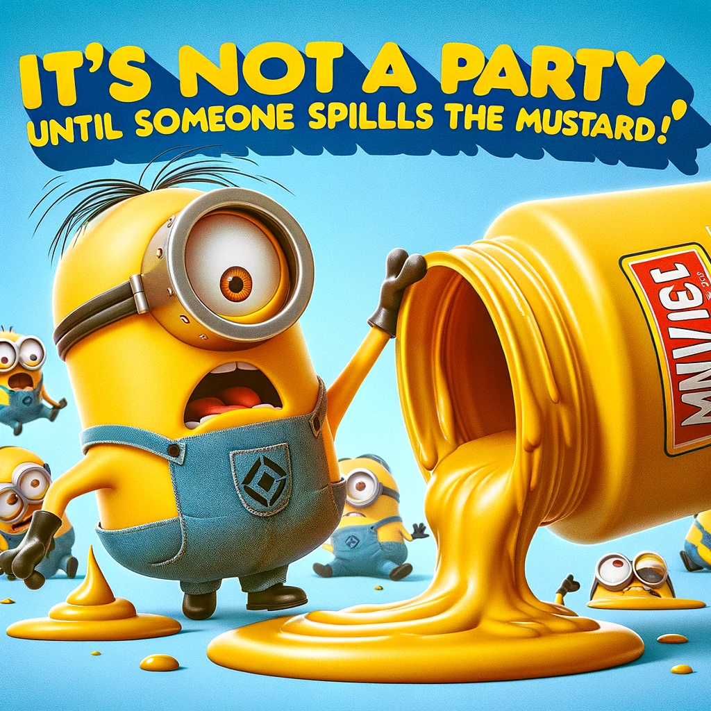 A cartoon image of a minion looking shocked after accidentally spilling a giant jar of mustard, with other minions slipping in the background, with the caption, 'It's not a party until someone spills the mustard!'