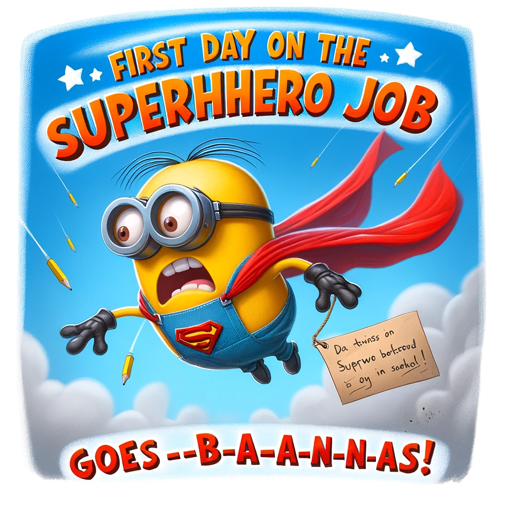 A cartoon image of a minion dressed as a superhero flying awkwardly with a cape, looking scared, with the caption, 'First day on the superhero job goes b-a-n-a-n-a-s!'
