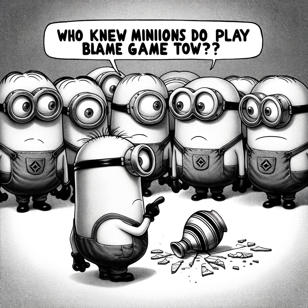 A cartoon image of a minion looking at a broken vase with a guilty expression, surrounded by other minions pointing at him, with the caption, 'Who knew minions could play the blame game too?'