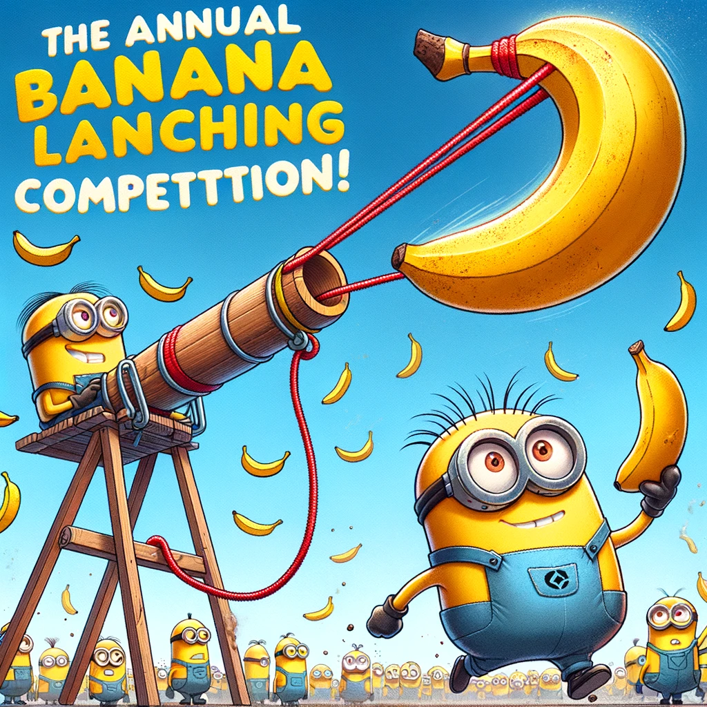 A cartoon image of a minion using a giant slingshot to launch bananas at other minions, who are trying to catch them, with the caption, 'The annual Minion Banana Launching Competition!'