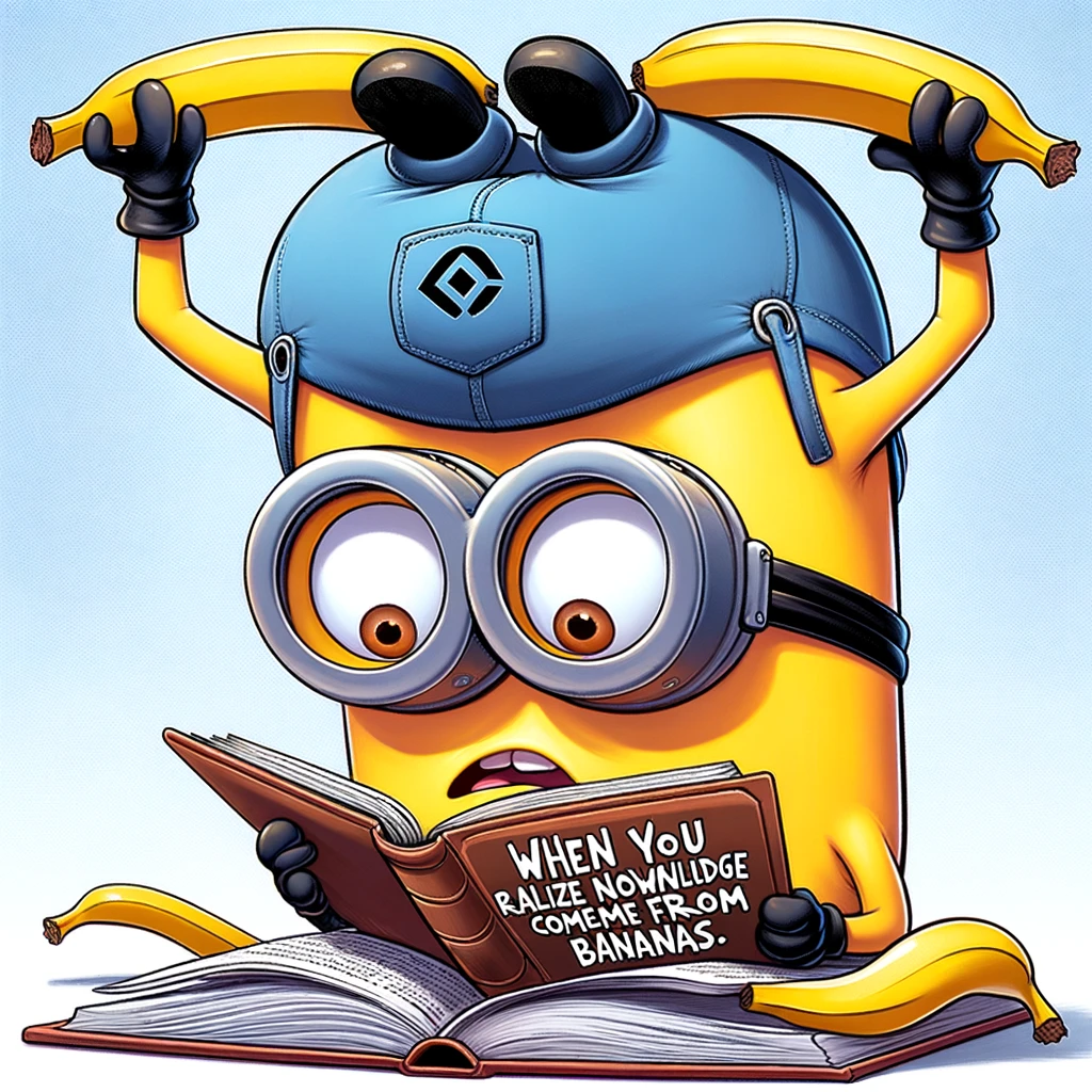 A cartoon image of a minion trying to read a book upside down, looking completely baffled, with the caption, 'When you realize not all knowledge comes from bananas.'