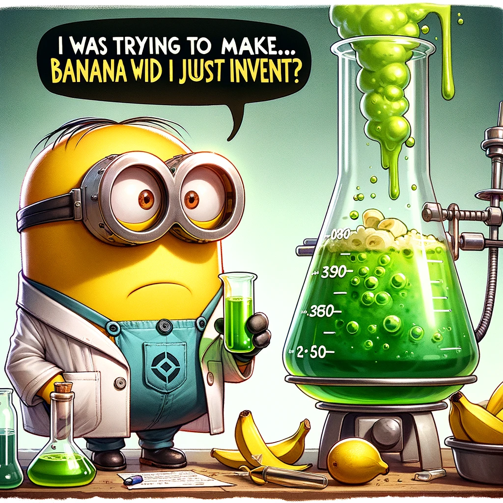 A cartoon image of a minion dressed in a lab coat, looking at a beaker with a bubbling green liquid, with a surprised expression, with the caption, 'I was trying to make banana juice... what did I just invent?'