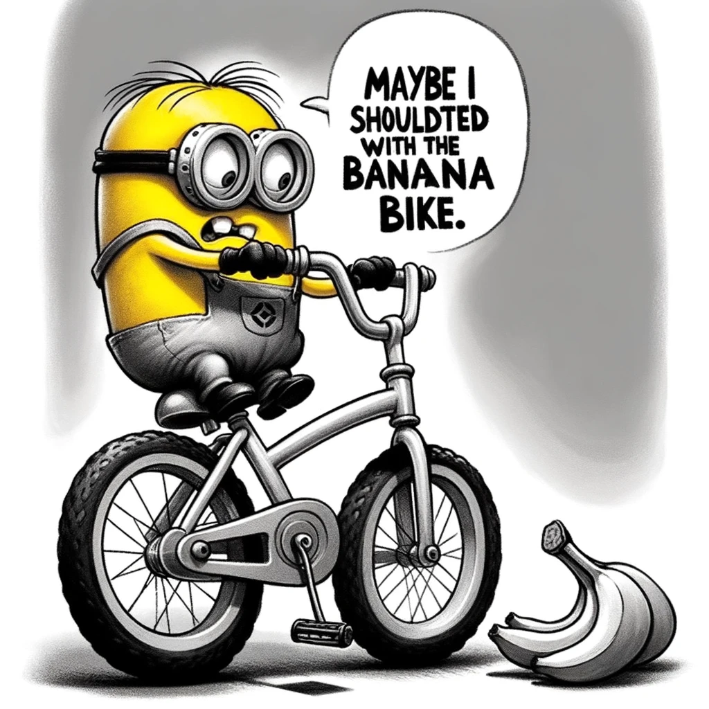 A cartoon image of a minion trying to ride a bicycle that's much too big for him, struggling to reach the pedals, with the caption, 'Maybe I should've started with the banana bike.'