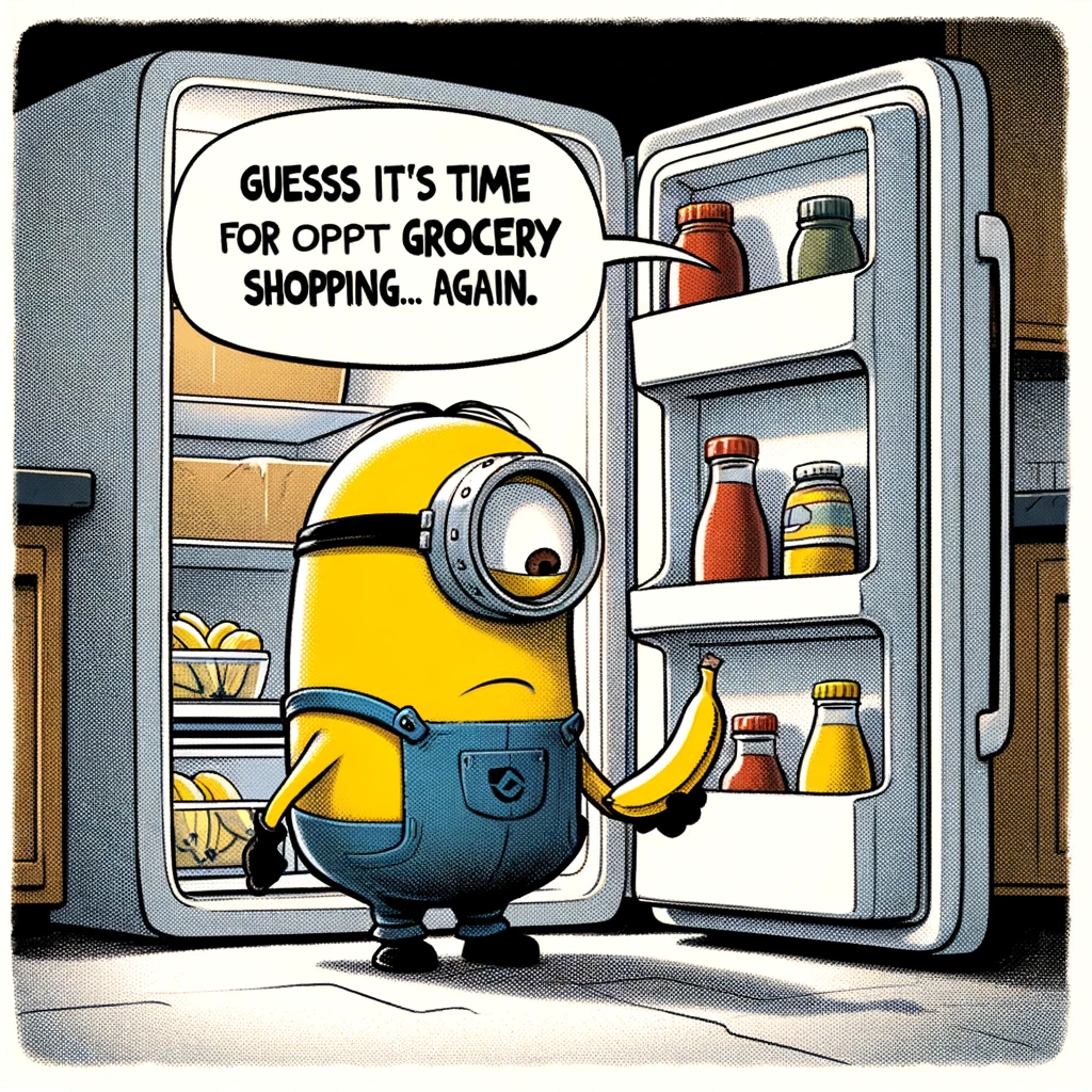 A cartoon image of a minion looking into a refrigerator that's completely empty except for a single banana, with the caption, 'Guess it's time for grocery shopping... again.'