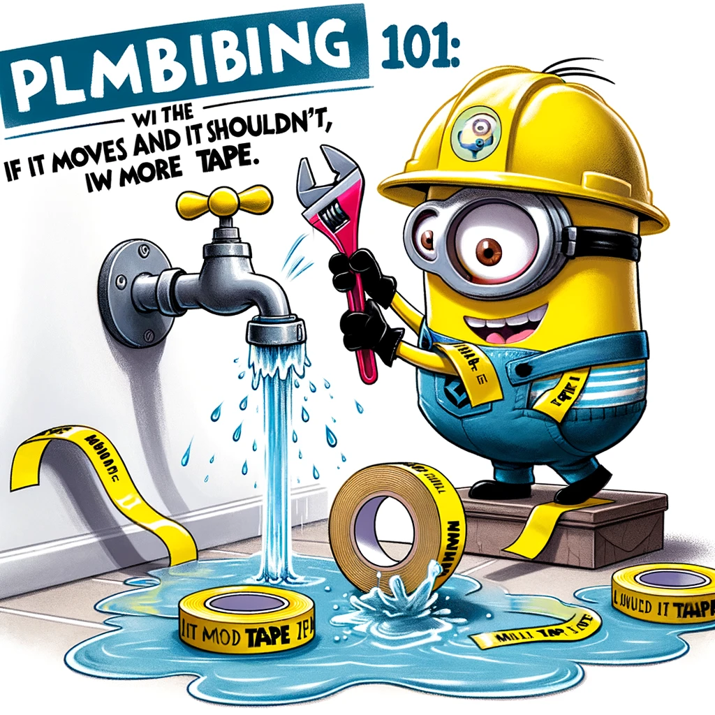 A cartoon image of a minion trying to fix a leaky faucet with tape, water spraying everywhere, with the caption, 'Plumbing 101 with the minions: If it moves and it shouldn't, use more tape.'
