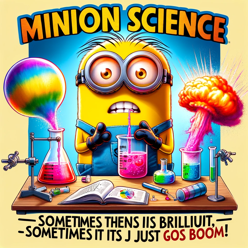 A cartoon image of a minion wearing goggles and a lab coat, mixing chemicals that result in a colorful explosion, with the caption, 'Minion science: Sometimes it's brilliant, sometimes it just goes boom!'