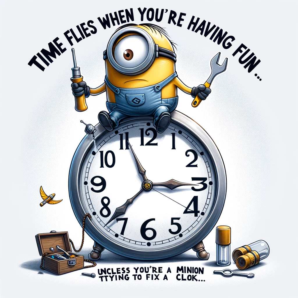 A cartoon image of a minion sitting on a giant clock, looking confused with tools in hand, with the caption, 'Time flies when you're having fun... unless you're a minion trying to fix a clock.'