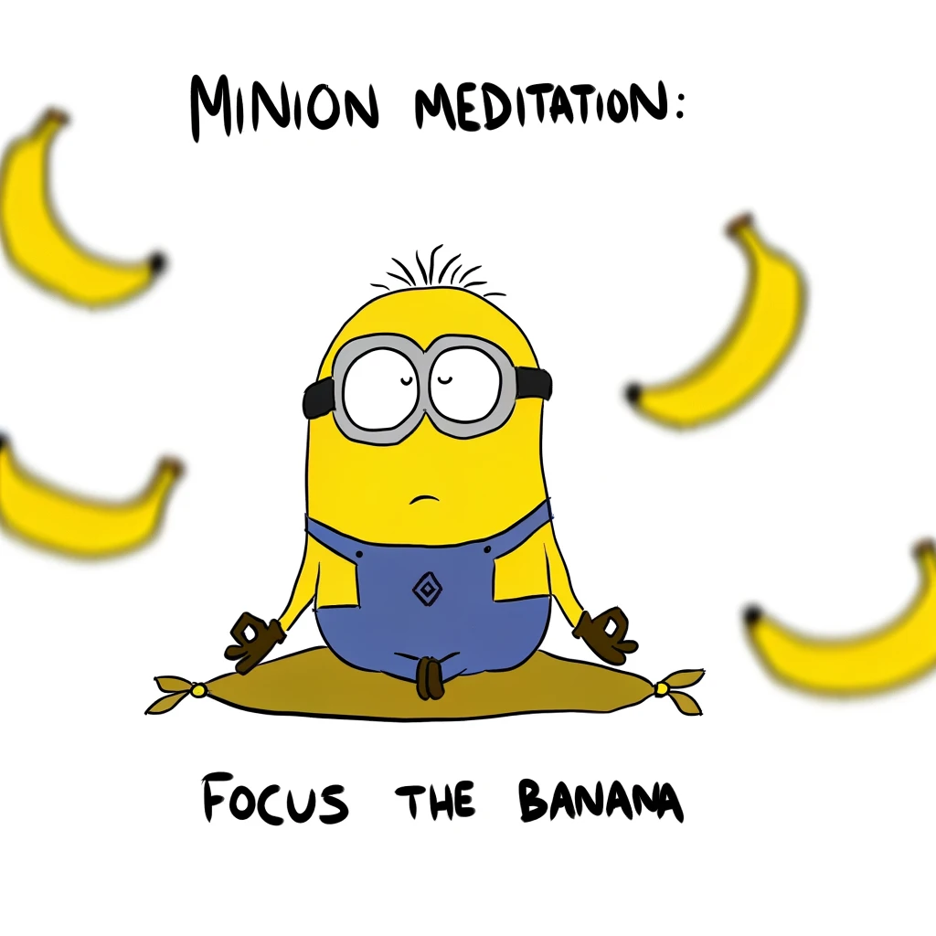 A cartoon image of a minion attempting to meditate, surrounded by floating bananas instead of achieving inner peace, with the caption, 'Minion meditation: Focus on the banana.'