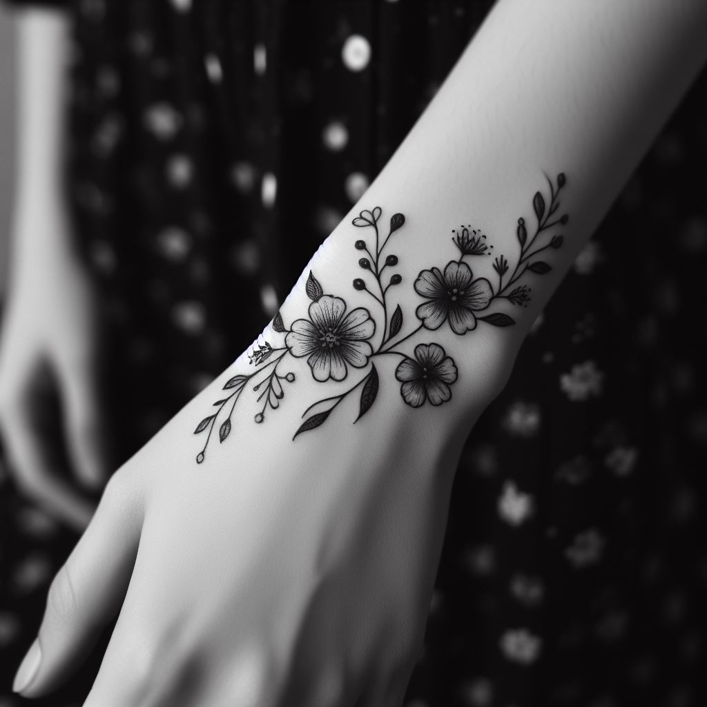 Delicate black and white floral tattoo encircling a woman's wrist, featuring a mix of dainty flowers and leaves, symbolizing growth and beauty.
