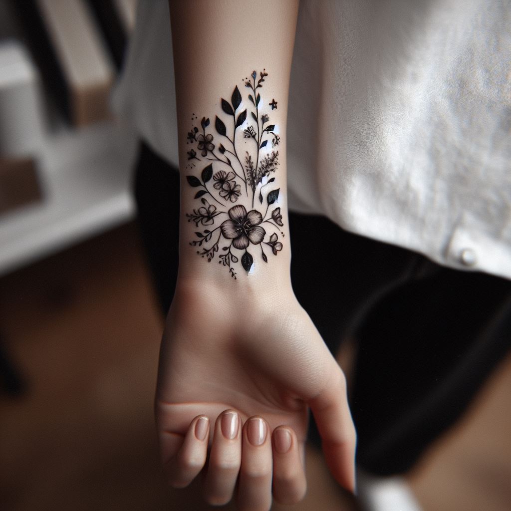 Delicate black and white floral tattoo encircling a woman's wrist, featuring a mix of dainty flowers and leaves, symbolizing growth and beauty.