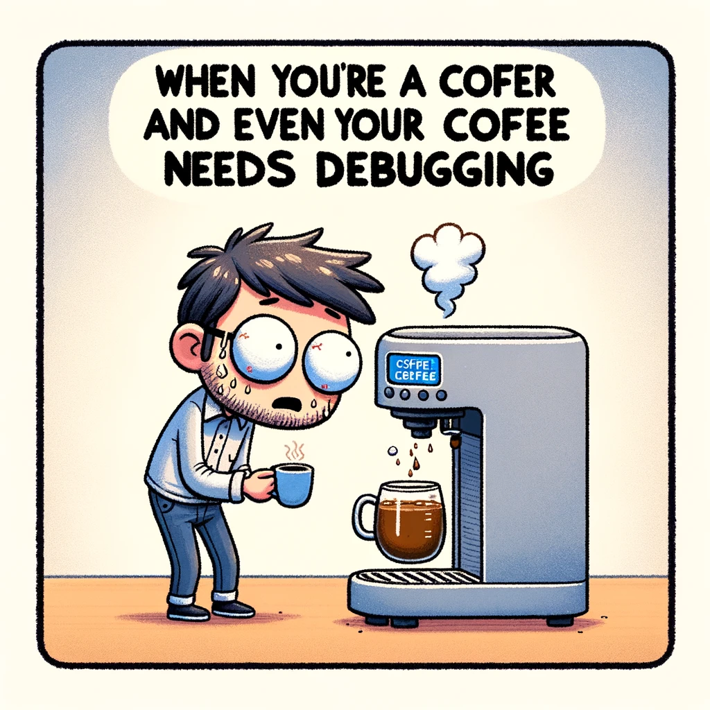 A whimsical illustration of a software engineer staring bewildered at a coffee machine, trying to debug it as if it were a piece of code, with the caption 'When you're a coder and even your coffee needs debugging'.