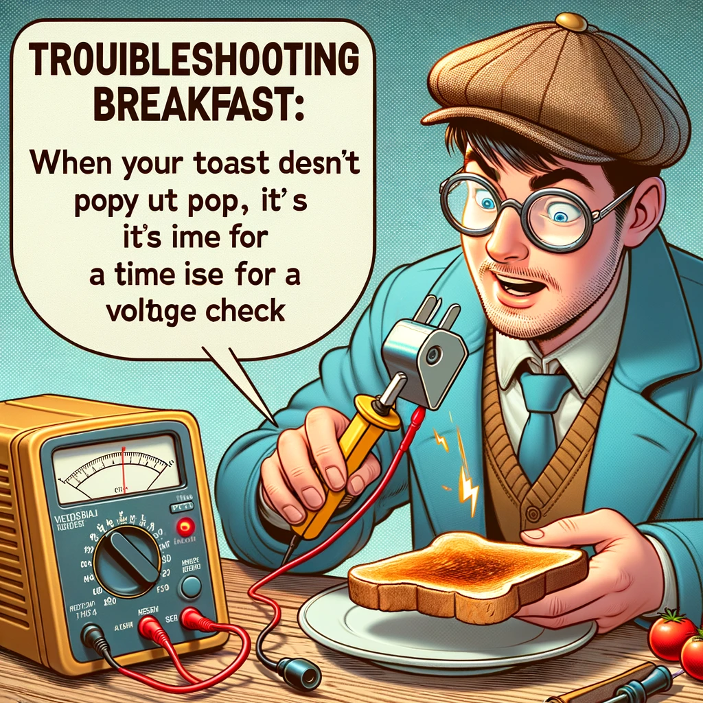 An amusing image of an electrical engineer using a multimeter to check a slice of toast, with the caption 'Troubleshooting breakfast: When your toast doesn't pop up, it's time for a voltage drop check'.