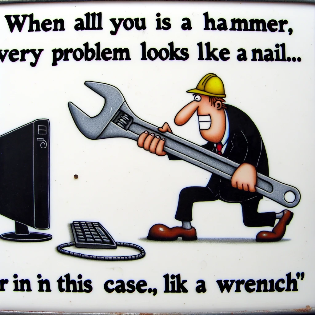 A humorous depiction of a mechanical engineer using a giant wrench to fix a computer, with the caption 'When all you have is a hammer, every problem looks like a nail... or in this case, a wrench'.