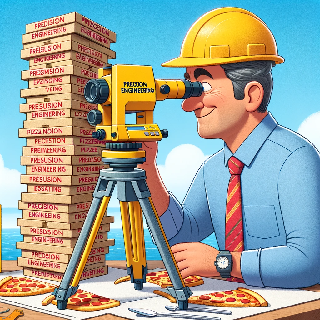 A playful image of a civil engineer looking through a theodolite at a leaning tower of pizza boxes, with the caption 'Precision engineering: Making sure our lunch doesn't tilt too much'.