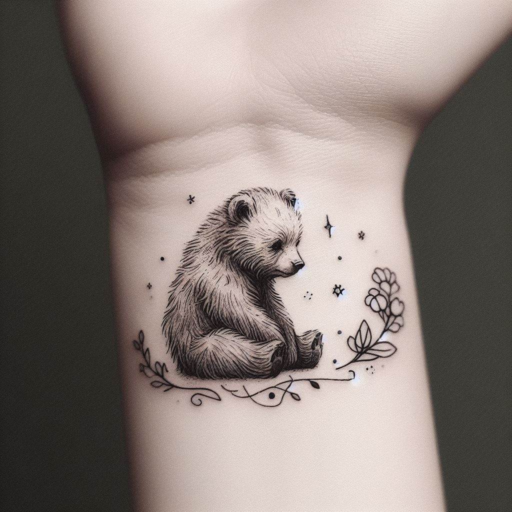 A small, delicate tattoo of a bear cub sitting quietly, designed to fit gracefully on the wrist. The cub's fur is detailed with fine lines, capturing its softness and innocence. Surrounding the cub are small floral elements and stars, adding a whimsical and gentle touch to the tattoo. This design should evoke feelings of nurturing and protection, perfect for a subtle yet meaningful piece.
