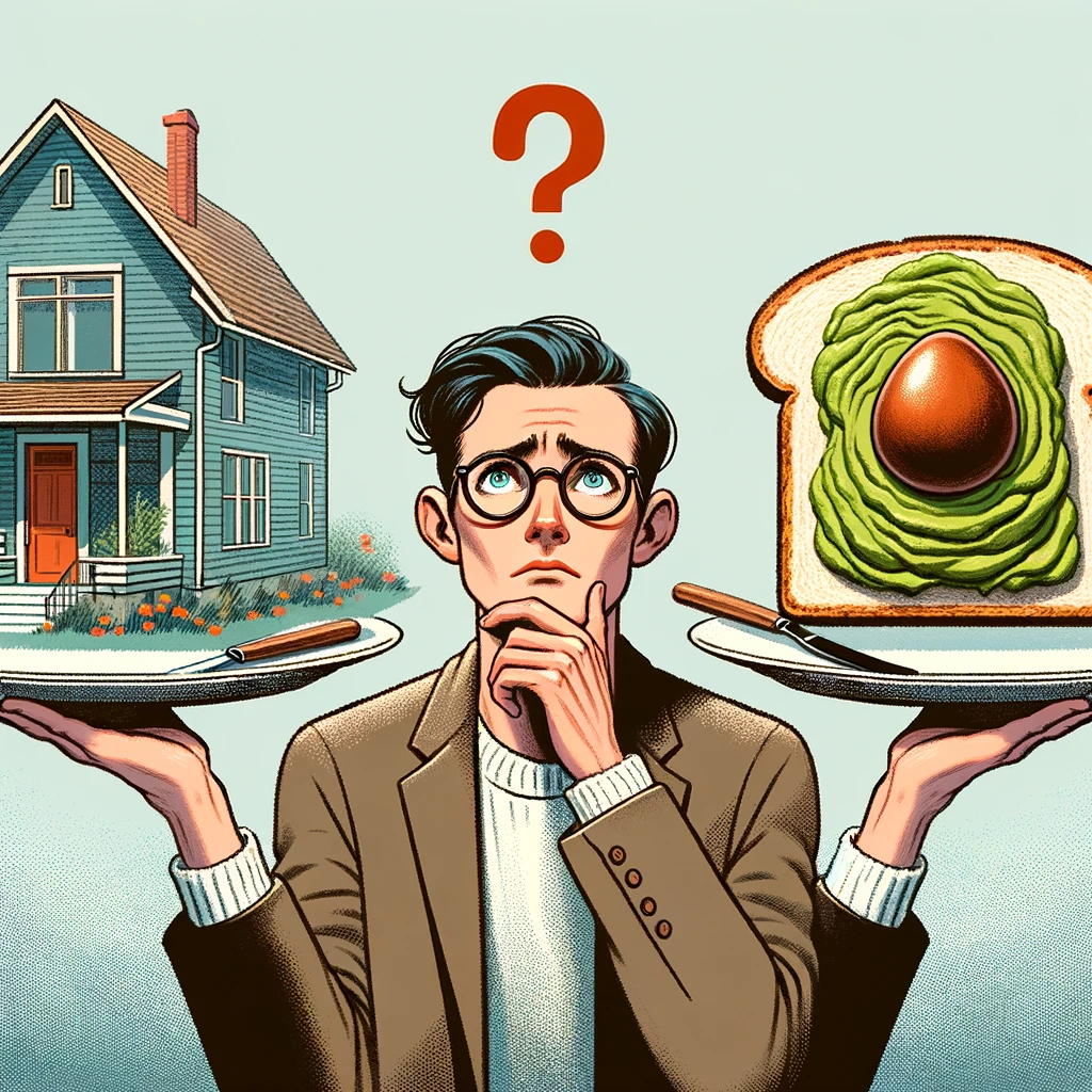 An image depicting a millennial standing, looking perplexed, as they gaze back and forth between a small house and a plate of avocado toast. The expression on their face is one of confusion and contemplation, embodying the struggle of making adult decisions. The house represents a significant life investment, while the avocado toast symbolizes modern, often criticized, spending habits. The top text reads: 'Adulting decisions.' and the bottom text says: 'House or Avocado Toast?' The image should humorously represent the financial dilemmas faced by younger generations.