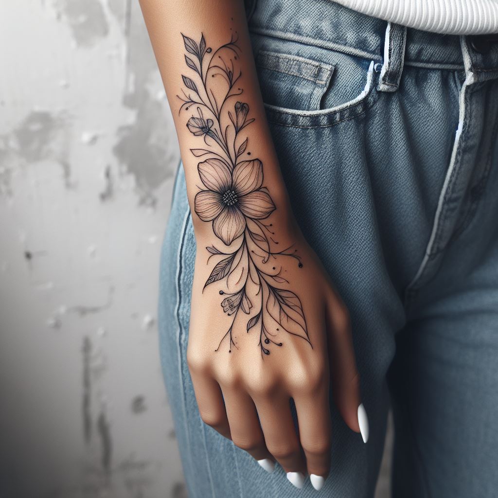 A fine line floral tattoo wrapping gracefully around a woman's wrist.