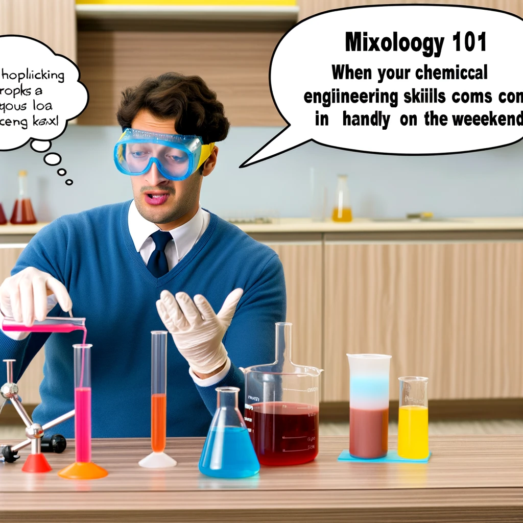 A comic image of a chemical engineer mixing drinks in a lab setting, wearing safety goggles, and using test tubes and beakers, with the caption 'Mixology 101: When your chemical engineering skills come in handy on the weekend'.