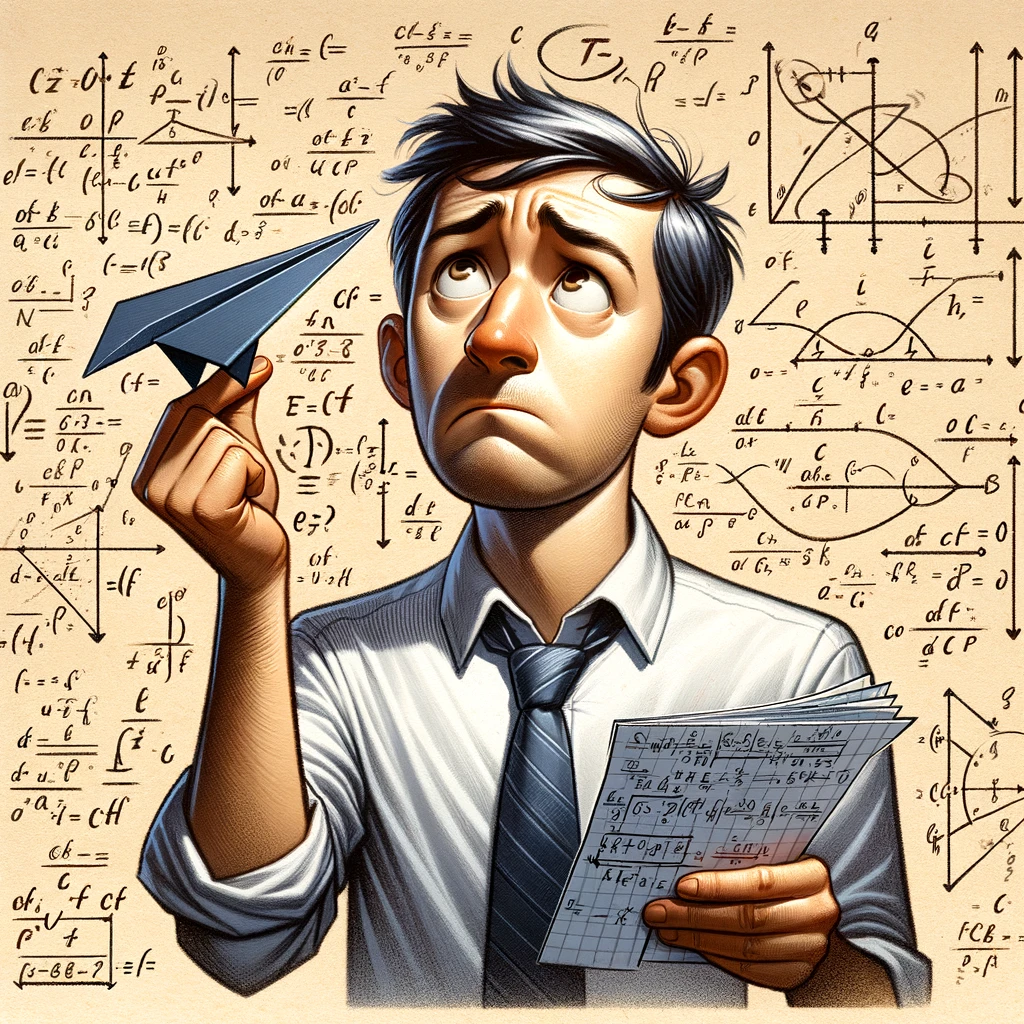 A satirical illustration of an aerospace engineer with a paper airplane, looking confused and holding complex aerodynamic equations, with the caption 'Sometimes, the simplest solutions fly over our heads'.