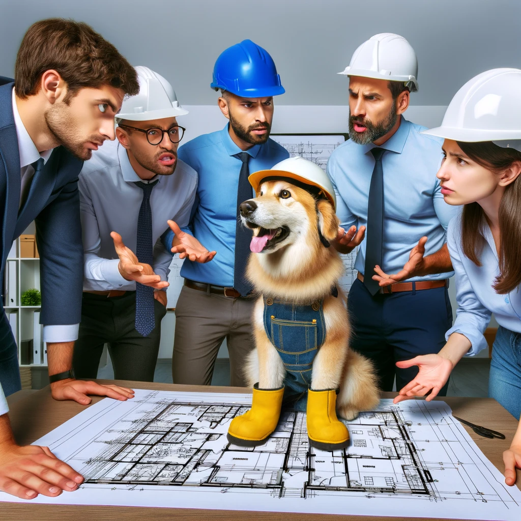 An entertaining image of a group of engineers arguing over a blueprint, while a dog in a hard hat sits nearby looking like it's about to present its own solution, with the caption 'When the project is behind schedule, but the team mascot has a groundbreaking idea'.