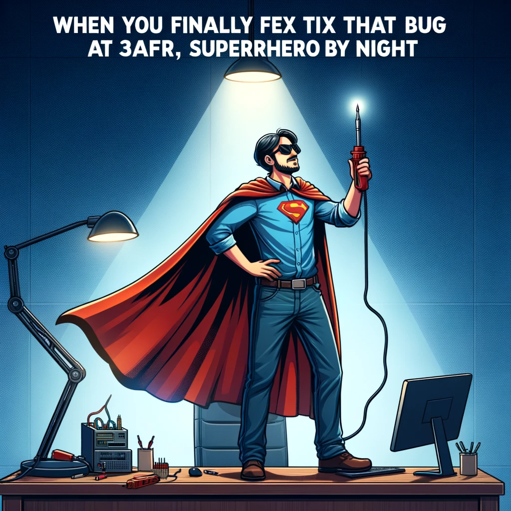 A funny image of an engineer standing on a desk with a superhero cape, holding a soldering iron like a sword, with the caption 'When you finally fix that bug at 3am: Engineer by day, superhero by night'.