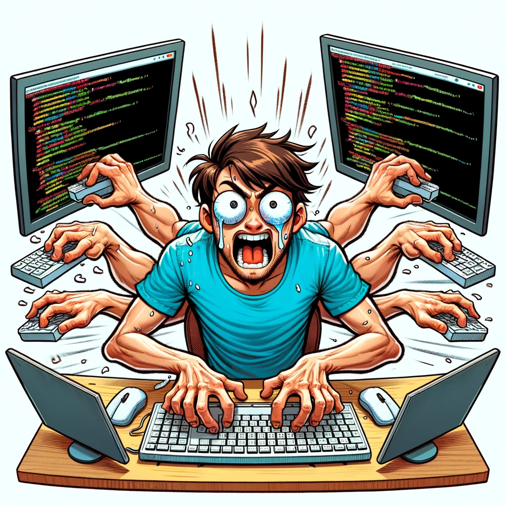 A lighthearted image of a software developer furiously typing at two keyboards at once, with code flying off the screen, and a caption saying 'Multitasking: Because one keyboard just isn't enough'.