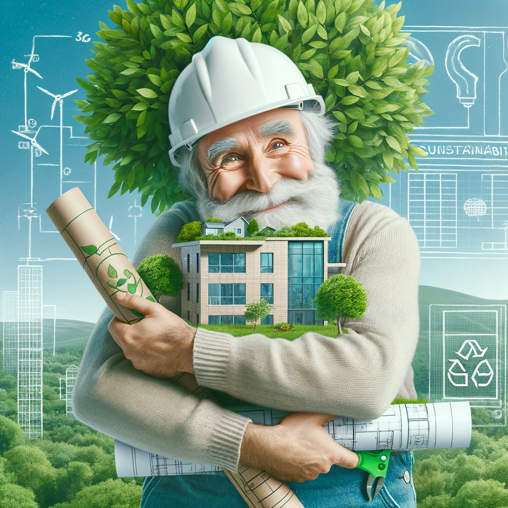 An endearing scene of an environmental engineer hugging a tree while holding blueprints for a sustainable building, with the caption 'Embracing sustainability: Where green design meets green thumbs'.