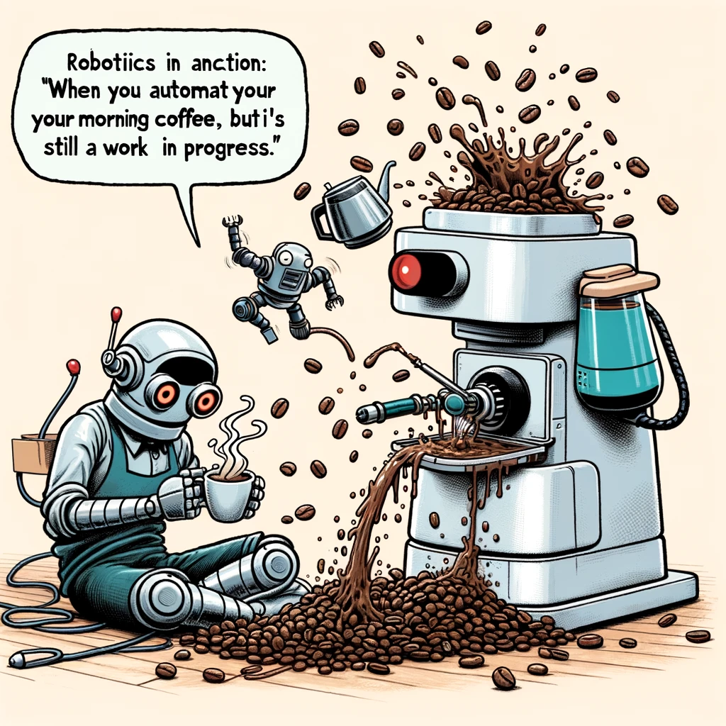 A quirky depiction of a robotic engineer programming a robot to brew coffee, with the robot clumsily spilling beans everywhere, captioned 'Robotics in action: When you automate your morning coffee, but it's still a work in progress'.