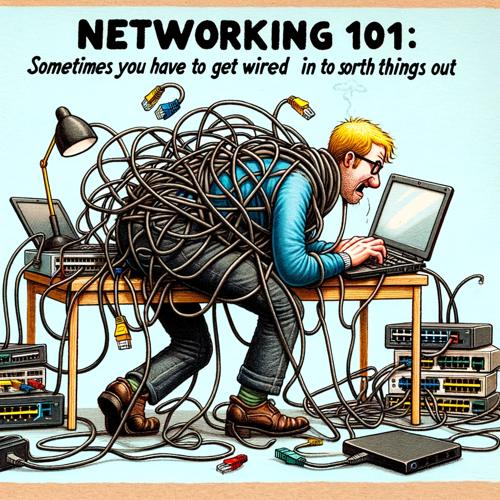 A humorous illustration of a network engineer tangled in Ethernet cables, with a laptop in one hand and a router in the other, captioned 'Networking 101: Sometimes you have to get wired in to sort things out'.