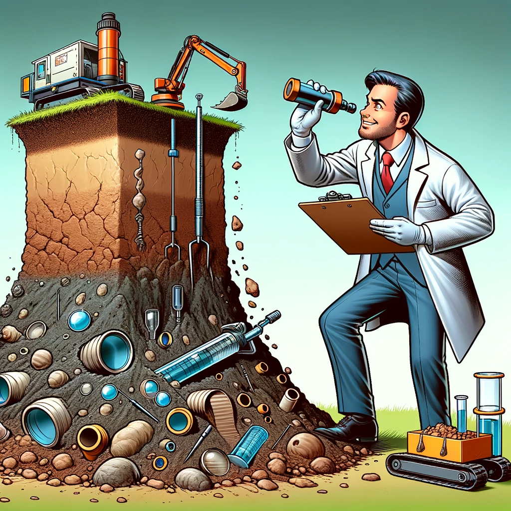 A comical image of a geotechnical engineer examining a large mound of dirt with scientific equipment, with the caption 'Digging deep into the problem: Geotechnical engineering at its finest'.