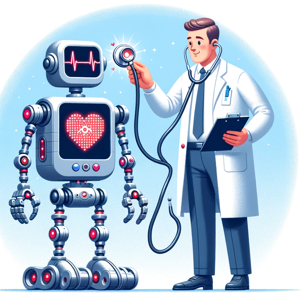 An amusing illustration of a biomedical engineer testing a stethoscope on a robot, with the robot displaying a heart symbol on its screen, captioned 'Heart to hardware: When biomedical meets artificial intelligence'.