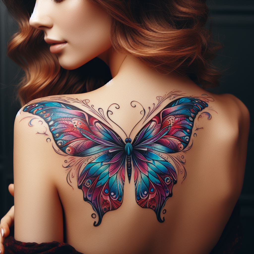Colorful butterfly tattoo on a woman's shoulder with intricate wing patterns in shades of blue, pink, and purple, representing freedom and transformation.