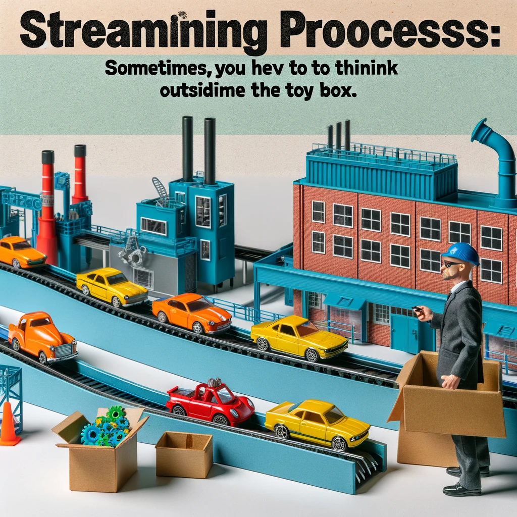 A playful depiction of an industrial engineer optimizing a factory line with toy cars and action figures, captioned 'Streamlining processes: Sometimes, you have to think outside the toy box'.