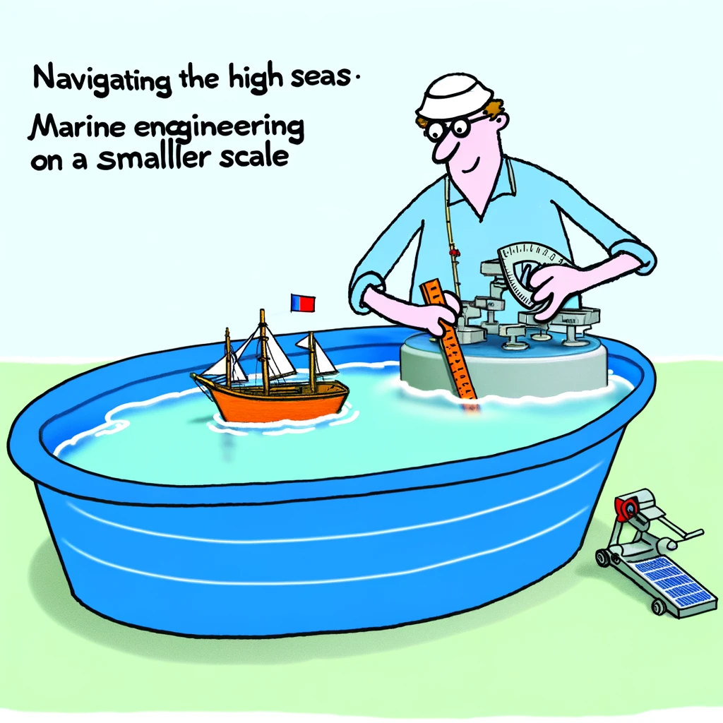 A witty illustration of a marine engineer in a small pool with a toy boat, using complex navigational tools, captioned 'Navigating the high seas: Marine engineering on a smaller scale'.