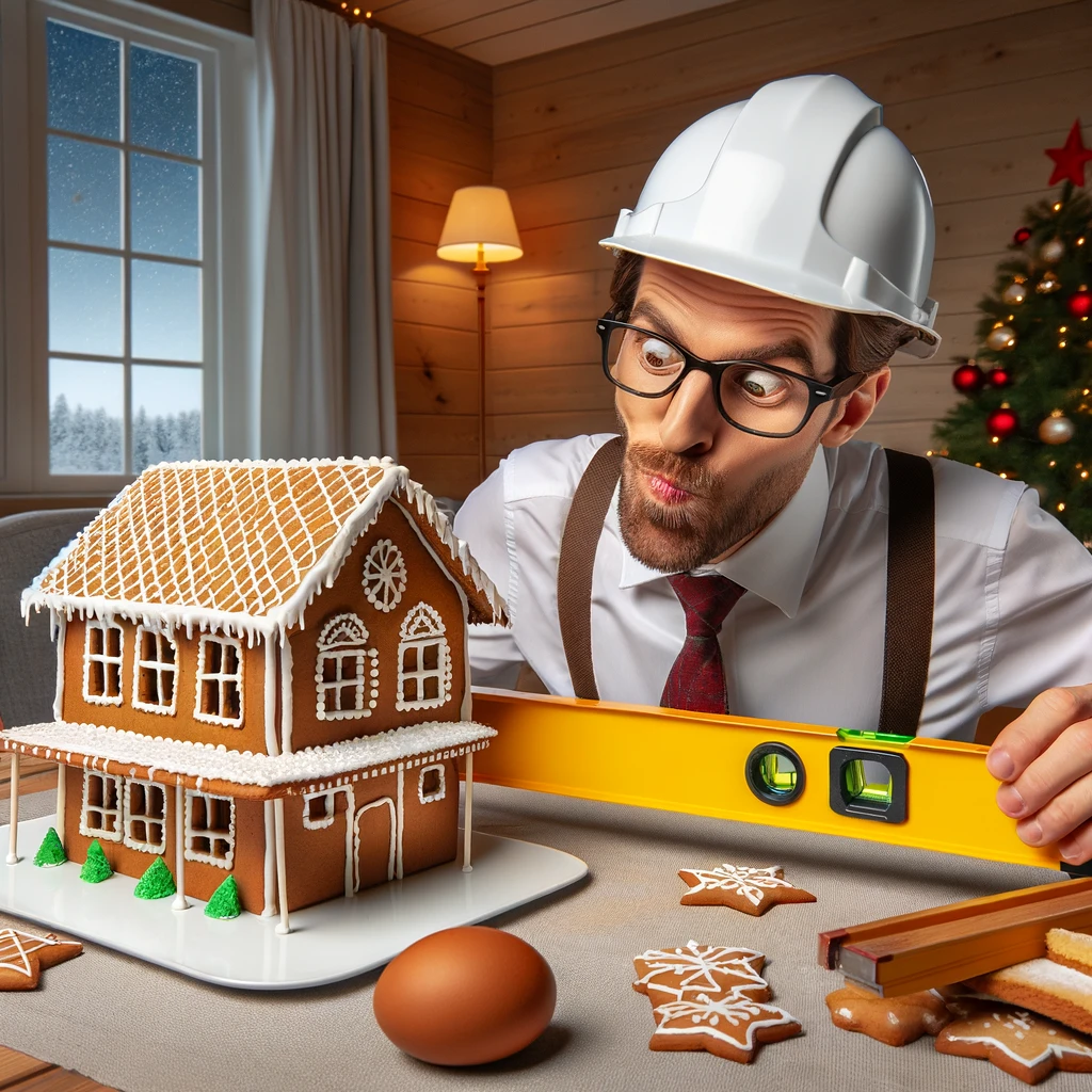 A hilarious scene of a structural engineer inspecting a gingerbread house with a level and measuring tape, captioned 'Structural integrity: When holiday baking meets engineering precision'.