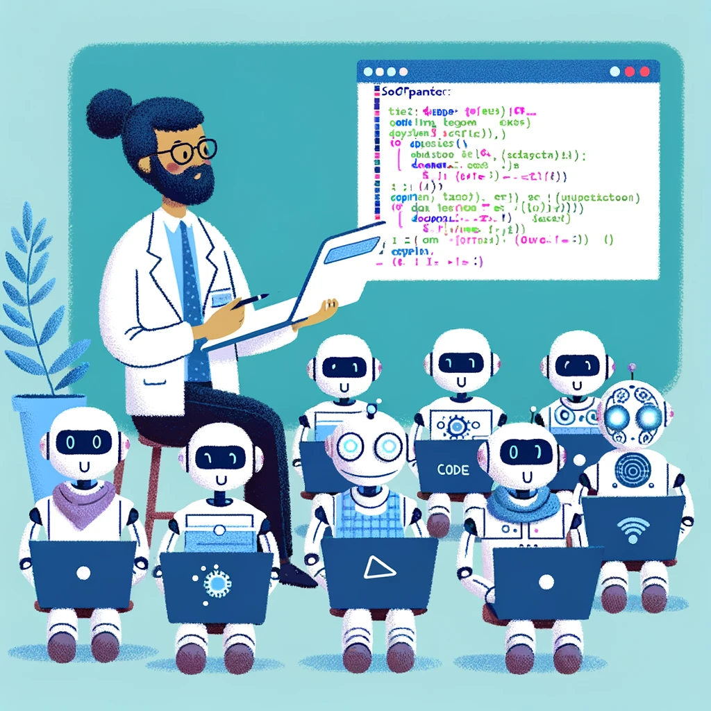 A charming illustration of a software engineer teaching a class of robots to code, with laptops open and code on the screen, captioned 'The future of education: Teaching AI to teach itself'.