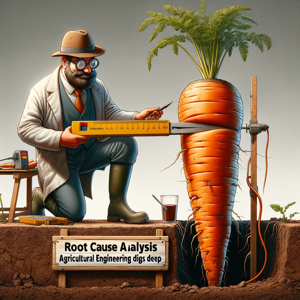 A humorous image of an agricultural engineer testing soil moisture with a giant carrot, captioned 'Root cause analysis: Agricultural engineering digs deep'.