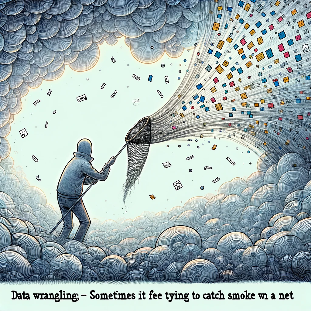 A whimsical depiction of a data engineer surrounded by swirling data streams, trying to catch data packets with a net, captioned 'Data wrangling: Sometimes it feels like trying to catch smoke with a net'.