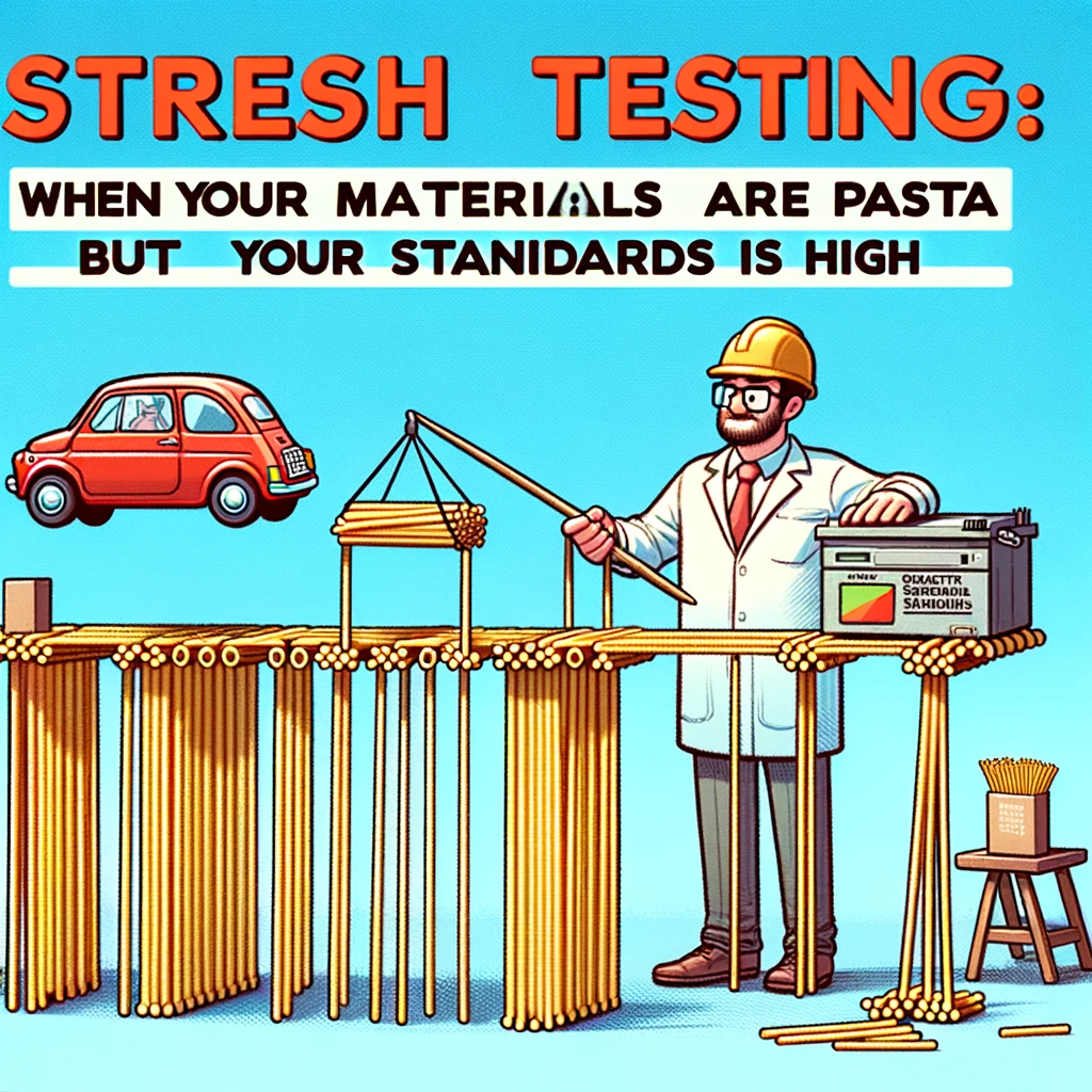A comic illustration of a materials engineer testing the strength of spaghetti bridges, with a tiny car driving over, captioned 'Stress testing: When your materials are pasta, but your standards are high'.