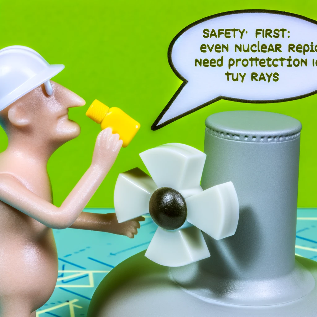 An amusing scene of a nuclear engineer carefully applying sunscreen to a reactor model, captioned 'Safety first: Even nuclear reactors need protection from harmful rays'.