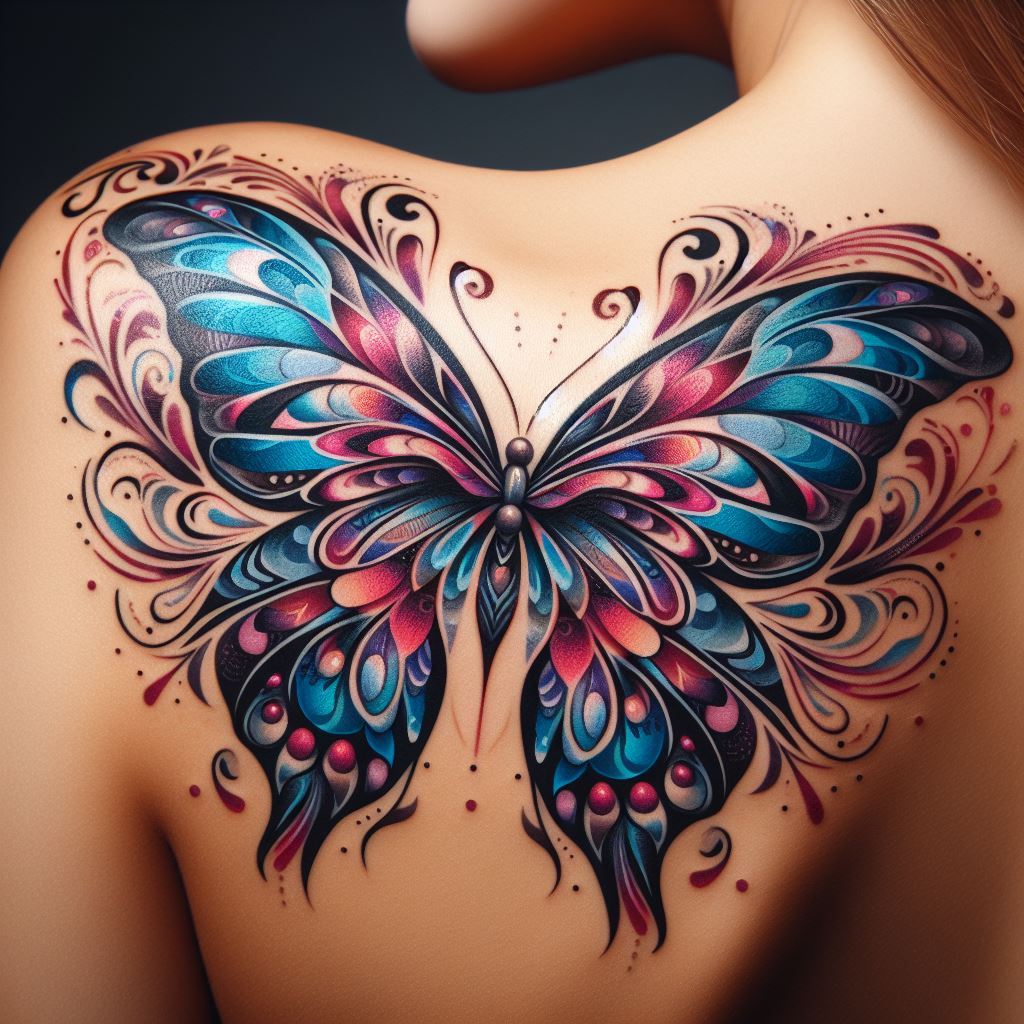 Colorful butterfly tattoo on a woman's shoulder with intricate wing patterns in shades of blue, pink, and purple, representing freedom and transformation.
