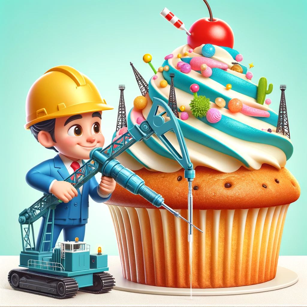 A delightful image of a petroleum engineer with a toy drill rig drilling into a giant cupcake, captioned 'Exploring new frontiers: Searching for sweet spots in unconventional fields'.