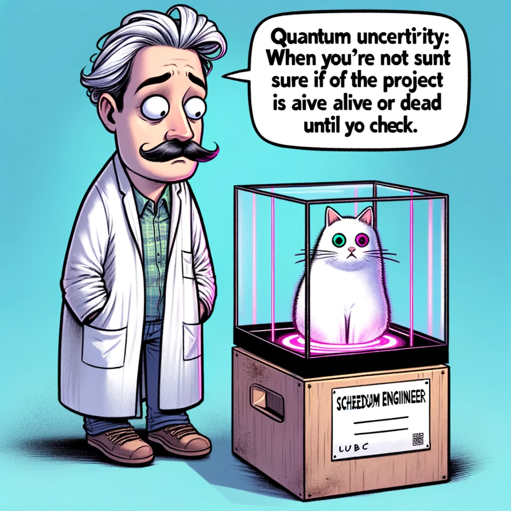 A funny depiction of a quantum engineer staring at a Schroedinger's cat box, looking puzzled, with the caption 'Quantum uncertainty: When you're not sure if the project is alive or dead until you check'.