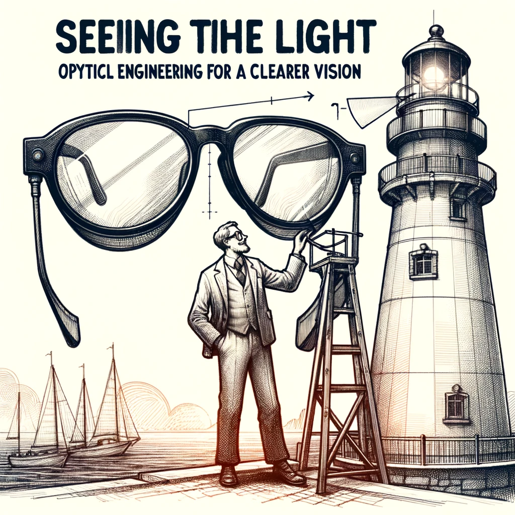 A charming sketch of an optical engineer adjusting giant glasses on a lighthouse, captioned 'Seeing the light: Optical engineering for a clearer vision'.