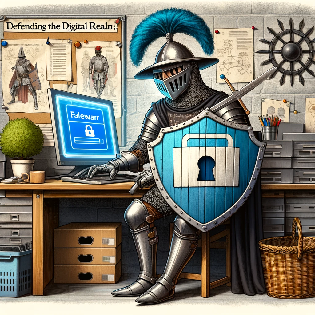 A whimsical image of a software security engineer dressed as a medieval knight, guarding a computer with a firewall shield, captioned 'Defending the digital realm: Cybersecurity is a modern-day knighthood'.
