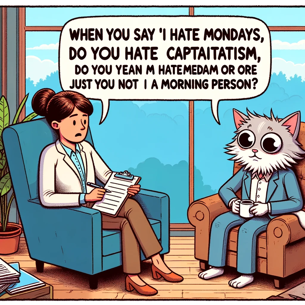 A cartoon image of a therapist and a client sitting in a cozy office, the therapist is holding a notepad and looks empathetic. The client is an anthropomorphic cat looking stressed. The caption says, "When you say 'I hate Mondays,' do you mean you hate capitalism or are you just not a morning person?"