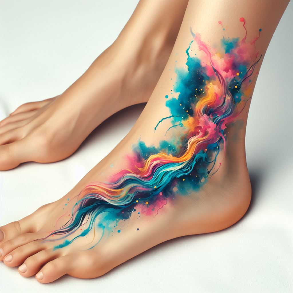Abstract watercolor tattoo on a woman's ankle, blending vibrant hues of blue, pink, and yellow, evoking a sense of creativity and fluidity.